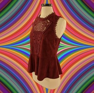 Burgundy faux suede peplum top